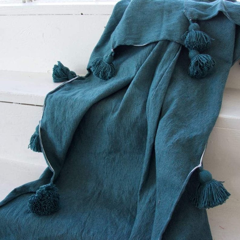 Teal Moroccan Pom Pom Blanket